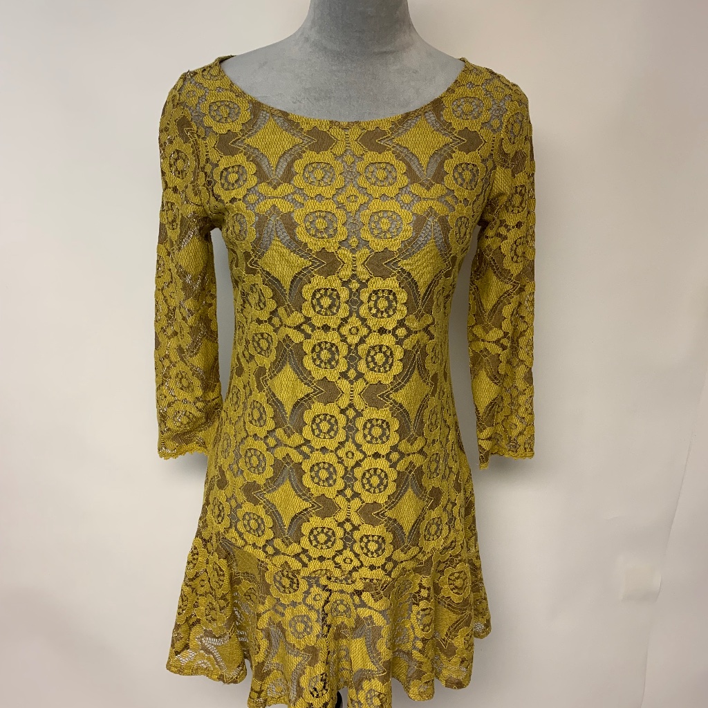 Free People Walking To The Sun Mini Dress Mesh Lace Dandelion Yellow Womens Sz 2